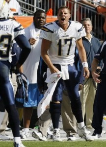 Philip Rivers does his best to get his team going in the second quarter, when the Denver Broncos scored 24 points (third most in team history)