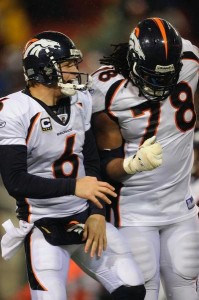 Jay Cutler and Ryan Clady celebrate after a Broncos touchdown in Week 12. (John Leyba, Denver Post)