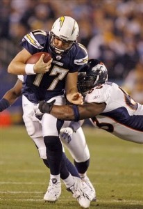 Philip Rivers put up a 50-burger against the Broncos the last time they played in Qualcomm.  He won't tonight.  (AP Photo/Denis Poroy)