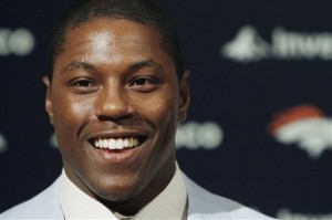 Georgia running back Knowshon Moreno, a Denver Broncos first-round draft pick, smiles as talks to the media at the team's headquarters in Englewood, Colo., on Sunday, April  26, 2009.  (AP Photo/Ed Andrieski)