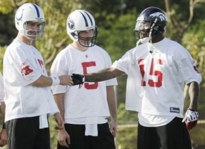 Peyton Manning, Kerry Collins and Brandon Marshall during Pro Bowl Week in Hawaii last February.
