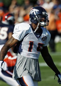 Denver Broncos wide receiver Brandon Marshall takes part in drills during the opening day of the team's NFL football training camp at the Broncos headquarters in Englewood, Colo., on Friday, July 31, 2009. (AP Photo/David Zalubowski)