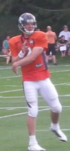 Denver Broncos quarterback Chris Simms throws during training camp.  (BroncoTalk/Kyle Montgomery)