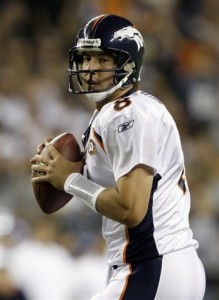 Denver Broncos quarterback Kyle Orton drops back to pass against the Seattle Seahawks in the second quarter Saturday, Aug. 22, 2009, in an NFL preseason football game. (AP Photo/Elaine Thompson)