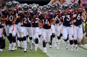 The Denver Broncos take the field to warm up prior to facing the Cleveland Browns during NFL action at Invesco Field at Mile High on September 20, 2009 in Denver, Colorado.  (Doug Pensinger/Getty Images)