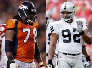 The battle between Ryan Clady and Richard Seymour highlights Week 3's divisional game between the Denver Broncos and Oakland Raiders (AP, Getty photos)