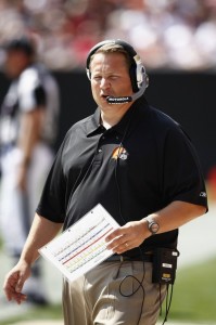 CLEVELAND, OH - SEPTEMBER 13: Head coach Eric Mangini of the Cleveland Browns looks on during the game against the Minnesota Vikings at Cleveland Browns Stadium on September 13, 2009 in Cleveland, Ohio. The Vikings defeated the Browns 34-20. (Photo by Joe Robbins/Getty Images)