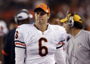 Chicago Bears quarterback Jay Cutler looks on against the Denver Broncos in the fourth quarter of the Bears' 27-17 victory in an NFL preseason football game in Denver on Sunday, Aug. 30, 2009. (AP Photo/David Zalubowski)