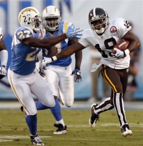 Denver Broncos' Eddie Royal pushes away San Diego Chargers' Paul Oliver while returning a kickoff 93-yards for a touchdown during the first quarter of an NFL football game Monday, Oct. 19, 2009 in San Diego. (AP Photo/Denis Poroy)