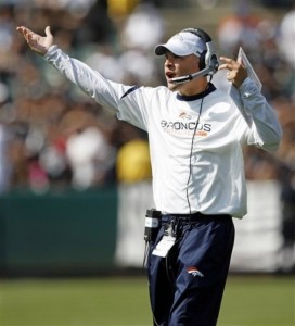 Denver Broncos head coach Josh McDaniels reacts during an NFL football game against the Oakland Raiders in Oakland, Calif., Sunday, Sept. 27, 2009. (AP Photo/Marcio Jose Sanchez)