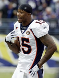 Denver Broncos wide receiver Brandon Marshall speaks to an official from the sideline during the second half of the Broncos NFL football game against the Baltimore Ravens in Baltimore, Maryland, November 1, 2009. The Ravens won the game, giving the Broncos their first loss of the season.   (REUTERS/Joe Giza)
