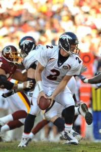 Chris Simms #2 of the Denver Broncos hands off during the game against the Washington Redskins at FedExField on November 15, 2009 in Landover, Maryland. The Redskins defeated the Broncos 27-17. (Larry French/Getty Images)