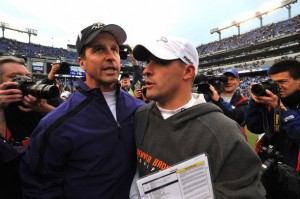 Head coach John Harbaugh of the Baltimore Ravens speaks with head coach Josh McDaniels of the Denver Broncos at M&T Bank Stadium on November 1, 2009 in Baltimore, Maryland. (Photo by Larry French/Getty Images)