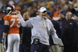 Broncos Head Coach Josh McDaniels yells in the fourth quarter of the NFL football game against the Pittsburgh Steelers in Denver on Monday, Nov. 9, 2009. The Steelers won 28-10.  (AP Photo/Chris Schneider)