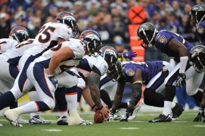 The Denver Broncos prepare to snap the ball during the game against the Baltimore Ravens at M&T Bank Stadium on November 1, 2009 in Baltimore, Maryland. (Photo by Larry French/Getty Images)