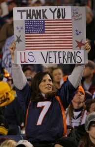 A fan holds up a sign thanking U.S. war vetrans during a game between the Pittsburgh Steelers and the Denver Broncos at Invesco Field at Mile High on November 09, 2009 in Denver, Colorado. (Doug Pensinger/Getty Images)