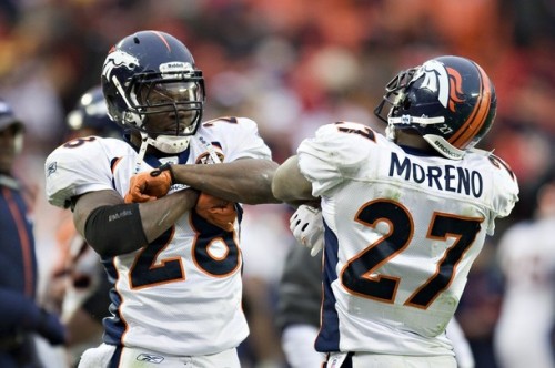 Correll Buckhalter #28 and Knowshon Moreno #28 of the Denver Broncos celebrate after a touchdown against the Kansas City Chiefs on December 6, 2009 in Kansas City, Missouri.  The Broncos defeated the Chiefs 44-13.  (Wesley Hitt/Getty Images)