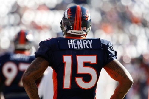 Brandon Marshall #15 of the Denver Broncos wears a jersey bearing the name Henry prior to the start of the game against the Oakland Raiders at Invesco Field at Mile High on December 20, 2009 in Denver, Colorado. Chris Henry of the Cincinnati Bengals passed away Thursday.  (Jeff Gross/Getty Images)