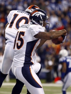 Denver Broncos wide receivers Brandon Marshall (R) and Jabar Gaffney celebrate Marshall's touchdown against the Indianapolis Colts during their NFL game in Indianapolis December 13, 2009.  (REUTERS photo/Brent Smith)
