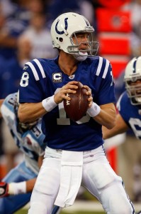 Quarterback Peyton Manning #18 of the Indianapolis Colts drops back to pass the football in the first half against the Tennessee Titans at Lucas Oil Field on December 6, 2009 in Indianapolis, Indiana. (Scott Boehm/Getty Images)