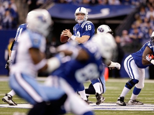Peyton Manning #18 of the Indianapolis Colts throws a pass during the NFL game against the Tennessee Titans at Lucas Oil Stadium on December 6, 2009 in Indianapolis, Indiana.  (Andy Lyons/Getty Images)
