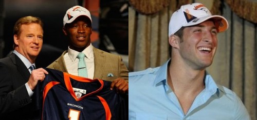 Denver Broncos 2010 first round draft choices WR Demaryius Thomas and QB Tim Tebow. (Getty Images, AP Photo)
