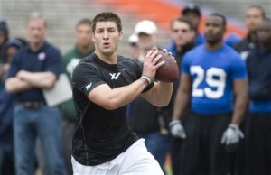 Tim Tebow holds on the ball as he looks down field for a receiver during Pro Day in Gainesville, Fla., Wednesday, March 17, 2010. (AP Photo/Phil Sandlin)