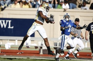Demaryius Thomas (#8) catches a touchdown pass against Duke. (Photo by Joe Robbins/Getty Images)