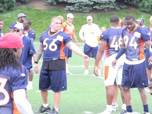 Most Broncos players were given a respite Tuesday afternoon, walking through plays in shorts and sweat pants (PHOTO: BroncoTalk.net)