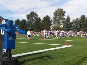Denver Broncos players stretch in front of a crowd of thousands during the team's opening training camp practice in Dove Valley.