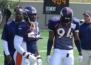 Denver Broncos linebackers Robert Ayers and Jarvis Moss on Thursday, August 5, 2010 (BroncoTalk.net)