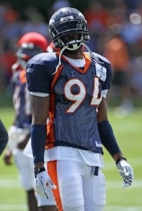 Linebacker Jarvis Moss #94 of the Denver Bronocs takes part in practice during training camp at Dove Valley on August 5, 2010 in Englewood, Colorado.  (Doug Pensinger/Getty Images)