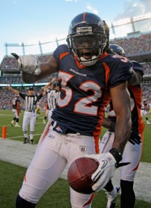 Cornerback Perrish Cox #32 of the Denver Broncos celebrates his interception of a pass by quarterback Dennis Dixon of the Pittsburgh Steelers in the endzone during preseason NFL action at INVESCO Field at Mile High on August 29, 2010 in Denver, Colorado.  (Doug Pensinger/Getty Images)