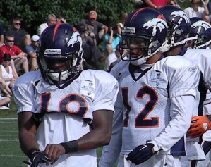 Denver Broncos wide receivers Eddie Royal (19) and Matthew Willis (12) participate in the team's training camp on Wednesday, Aug. 4, 2010 (BroncoTalk.net)