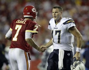 Kansas City Chiefs quarterback Matt Cassel (7) shakes hands with San Diego Chargers quarterback Philip Rivers (17)  after an NFL football game Monday, Sept. 13, 2010, in Kansas City, Mo. The Chiefs won the game 21-14. (AP Photo/Charlie Riedel)