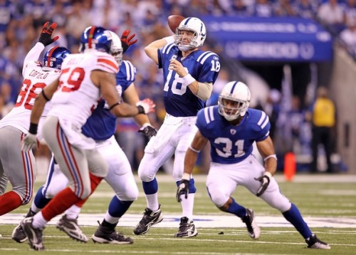 Peyton Manning #18 of the Indianapolis Colts throws a pass during  the NFL game against the New York Giants  at Lucas Oil Stadium on September 19, 2010 in Indianapolis, Indiana.  (Andy Lyons/Getty Images)