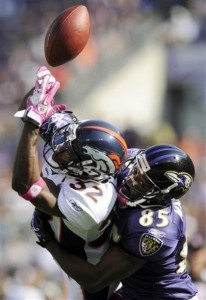Denver Broncos cornerback Perrish Cox (32) breaks up a pass intended for Baltimore Ravens wide receiver Derrick Mason (85) during the second half of an NFL football game in Baltimore, Sunday, Oct. 10, 2010. (AP Photo/Nick Wass)