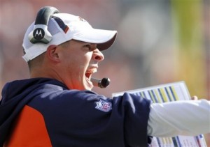 Former Denver Broncos coach Josh McDaniels yells during the first half of an NFL football game against the New York Jets on Sunday, Oct. 17, 2010, in Denver. (AP Photo/Barry Gutierrez)