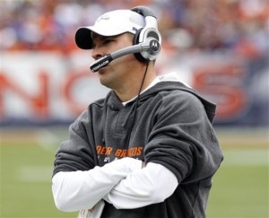 Denver Broncos head coach Josh McDaniels watches the action during the first half of an NFL football game against the Oakland Raiders, Sunday, Oct. 24, 2010, in Denver. (AP Photo/ Ed Andrieski)