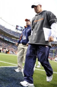 Denver Broncos head coach Josh McDaniels leaves the field after his team's 59-14 loss to the Oakland Raiders during an NFL football game, Sunday, Oct. 24, 2010, in Denver. (AP Photo/Jack Dempsey)