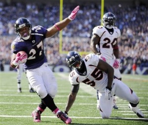 Baltimore Ravens running back Ray Rice (27) celebrates in front of Denver Broncos linebacker D.J. Williams (55) and safety Brian Dawkins (20) after scoring a touchdown during the second half of an NFL football game in Baltimore, Sunday, Oct. 10, 2010. (AP Photo/Nick Wass)