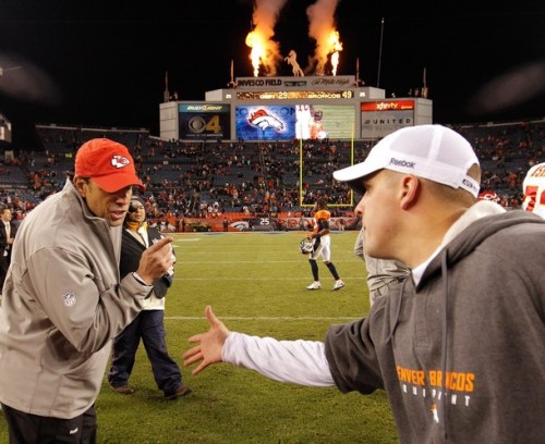 Head coach Todd Haley of the Kansas City Chiefs has some unwelcome words with head coach Josh McDaniels of the Denver Broncos as he refuses to shake his hand after the Broncos 49-29 win at INVESCO Field at Mile High on November 14, 2010 in Denver, Colorado. The Denver Broncos defeated the Kansas City Chiefs 49-29. (Justin Edmonds/Getty Images)