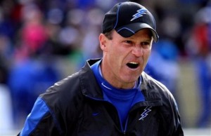 Air Force coach Troy Calhoun fires up his team in the second half of an NCAA college football game against Army in West Point, N.Y., Saturday, Nov. 6, 2010. Air force defeated Army 42-22. (AP Photo/Craig Ruttle)