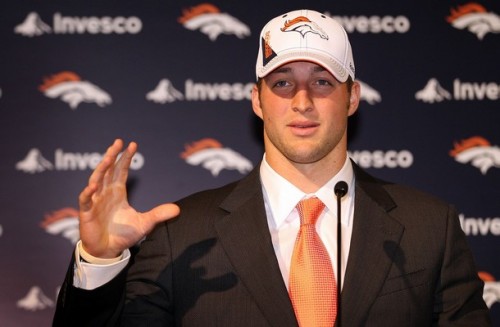 Tim Tebow is introduced by the Denver Broncos at a press conference at the Broncos Headquarters in Dove Valley on April 23, 2010 in Englewood, Colorado. The Broncos picked Tebow in the first round of the 2010 NFL draft.  (Doug Pensinger/Getty Images)