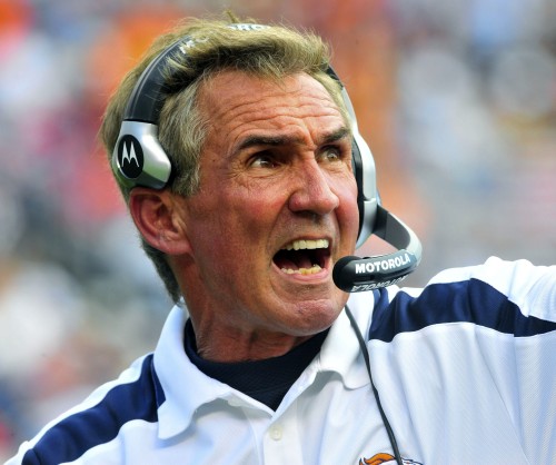 Former Denver Broncos head coach Mike Shanahan yells during the second quarter of an NFL football game against the New Orleans Saints in Denver, Sunday, Sept. 21, 2008. (AP Photo/Bill Ross)