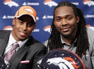 Rahim Moore (left) & Nate Irving at Dove Valley (AP Photo/Ed Andrieski).