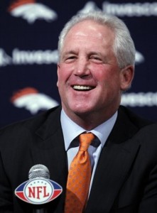 Denver Broncos coach John Fox talks about picking Texas A&M linebacker Von Miller as the team's first-round pick in the NFL football draft, at the team's headquarters in Englewood, Colo., on Thursday, April 28, 2011. (AP Photo/Ed Andrieski)
