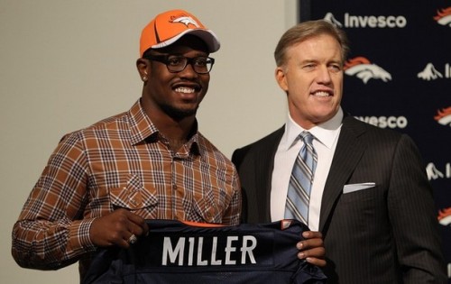Von Miller of the Denver Broncos is presented to the media for the first time with vice president of football operations John Elway at Dove Valley on April 29, 2011 in Englewood, Colorado. Miller, a projected outside linebacker in head coach John Fox's new 4-3 scheme, was selected second overall from Texas A&M. (Justin Edmonds/Getty Images)