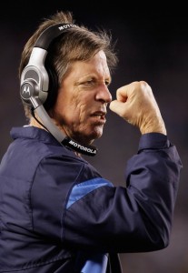San Diego Chargers head coach Norv Turner gestures for a face mask against the Baltimore Ravens at Qualcomm Stadium on December 18, 2011 in San Diego, California. The Chargers defeated the Ravens 34-14.  (Jeff Gross/Getty Images)