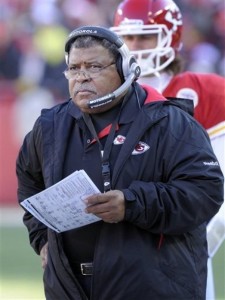 Kansas City Chiefs coach Romeo Crennel watches from the sidelines during the first half of an NFL football game against the Oakland Raiders at Arrowhead Stadium in Kansas City, Mo., Saturday, Dec. 24, 2011. (AP Photo/Reed Hoffmann)